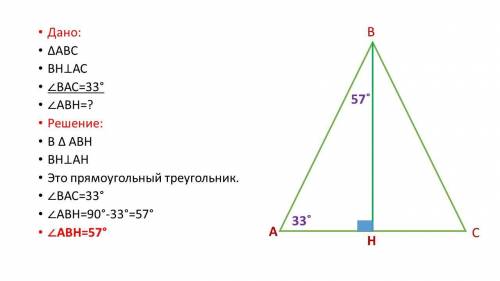 В остругольном Треугольнике ABC проведена высота BH. Угол ВАС равен 33 градуса. Найти угол АВН