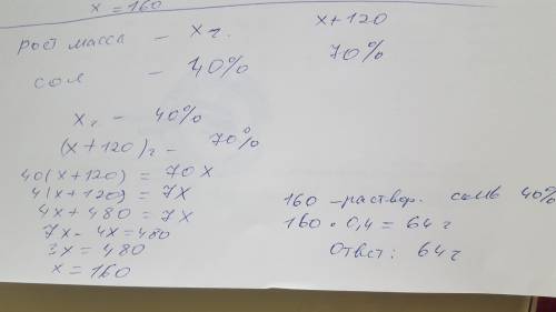 В растворе 40% соли. Если добавить 120 г соли, то процентное содержание соли станет равным 70%. Скол