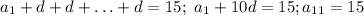 a_1+d+d+\ldots +d=15;\ a_1+10d=15; a_{11}=15