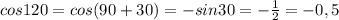 cos120=cos(90+30)=-sin30=-\frac{1}{2} =-0,5