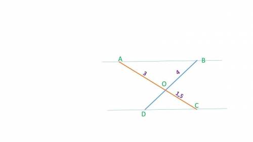 Прямые CA и DB пересекутся в точке O, (AB∥CD). Если OA=3 см, OB=4 см, AC=1,5 см, найдите длину отрез