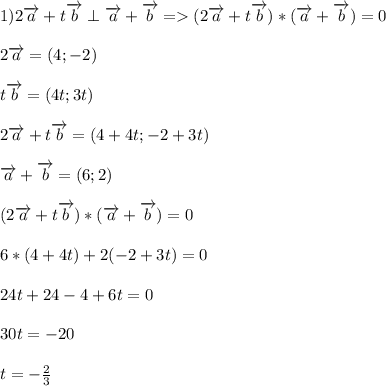 1)2\overrightarrow{a}+t\overrightarrow{b} \perp \overrightarrow{a}+\overrightarrow{b}=(2\overrightarrow{a}+t\overrightarrow{b})*(\overrightarrow{a}+\overrightarrow{b})=0\\\\2\overrightarrow{a}=(4;-2)\\\\t\overrightarrow{b}=(4t;3t)\\\\2\overrightarrow{a}+t\overrightarrow{b}=(4+4t;-2+3t)\\\\\overrightarrow{a}+\overrightarrow{b}=(6;2)\\\\(2\overrightarrow{a}+t\overrightarrow{b})*(\overrightarrow{a}+\overrightarrow{b})=0\\\\6*(4+4t)+2(-2+3t)=0\\\\24t+24-4+6t=0\\\\30t=-20\\\\t=-\frac{2}{3}