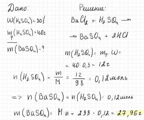 Найти массу сульфата бария. Если хлорид бария прореагировал с 30% серной кислотой массой 40 г​