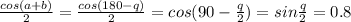 \frac{cos(a+b)}{2}=\frac{cos(180-q)}{2}=cos(90-\frac{q}{2})=sin\frac{q}{2}=0.8