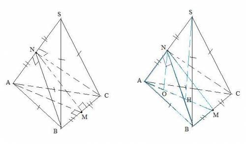 Дана пирамида SABC, в которой AB=AC=SB=SC=17, BC=SA=16. Точки M и N — середины рёбер BC и SA. а) Док