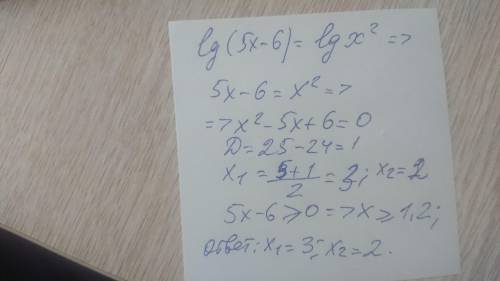 Найдите суму корней уравнения lg(5x-6)=2lgx