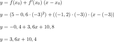 y = f(x_0) + f' (x_0) \; (x-x_0) \\\\y = (5 - 0,6 \cdot (-3)^2) + ((-1,2) \cdot (-3)) \cdot (x-(-3)) \\\\y = - 0,4 + 3,6x+10,8\\\\y = 3,6x + 10,4