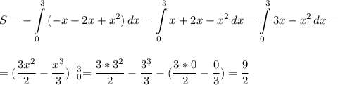 \displaystyle\\S=-\int\limits^3_0 {(-x-2x+x^2)} \, dx=\int\limits^3_0 {x+2x-x^2} \, dx =\int\limits^3_0 {3x-x^2} \, dx=\\\\\\=(\frac{3x^2}{2}-\frac{x^3}{3})\mid^3_0=\frac{3*3^2}{2}-\frac{3^3}{3}-(\frac{3*0}{2}-\frac{0}{3})=\frac{9}{2}