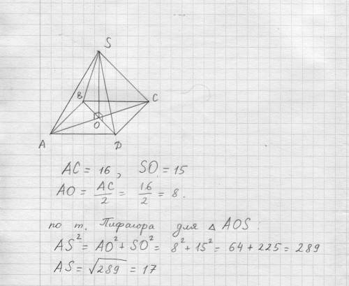 Диагональ основания правильной четырёхугольной пирамиды равна 16, а высота пирамиды равна 15. Найдит