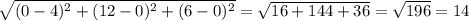 \sqrt{(0-4)^2+(12-0)^2+(6-0)^2\\} =\sqrt{16+144+36} =\sqrt{196} =14