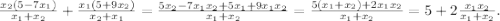 \frac{x_2(5-7x_1)}{x_1+x_2} + \frac{x_1(5+9x_2)}{x_2+x_1} = \frac{5x_2-7x_1x_2+5x_1+9x_1x_2}{x_1+x_2} = \frac{5(x_1+x_2)+2x_1x_2}{x_1+x_2} = 5 + 2\frac{x_1x_2}{x_1+x_2}.