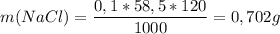 \displaystyle m(NaCl)=\frac{0,1*58,5*120}{1000}= 0,702g