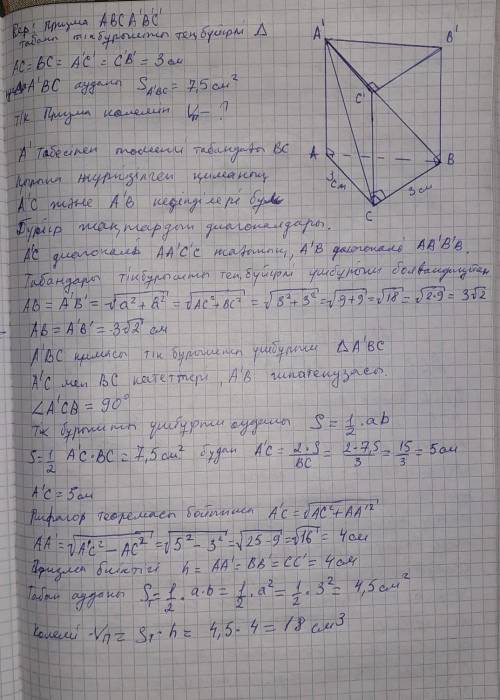 тік призманың табаны тең бүйірлі тік бұрышты үшбұрыш.Оның катеті 3см . Төменгі табанының катеті және