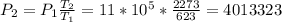 P_2=P_1\frac{T_2}{T_1}=11*10^5*\frac{2273}{623}=4013323