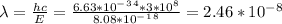 \lambda =\frac{hc}{E} =\frac{6.63*10^-^3^4*3*10^8}{8.08*10^-^1^8}=2.46*10^-^8