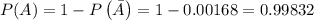 P(A)=1-P \left( \bar{A} \right)=1-0.00168=0.99832