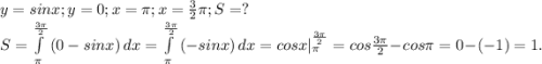 y=sinx;y=0;x=\pi ;x=\frac{3}{2} \pi ;S=?\\S=\int\limits^{\frac{3\pi }{2}} _\pi {(0-sinx)} \, dx= \int\limits^{\frac{3\pi }{2}} _\pi {(-sinx)} \, dx =cosx|_\pi^{\frac{3\pi }{2}}=cos\frac{3\pi }{2} -cos\pi =0-(-1)=1.