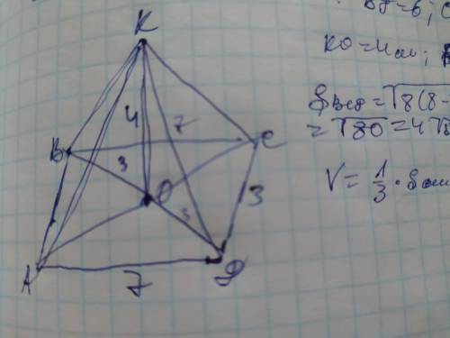 Основанием пирамиды является параллелограмм со сторонами 3 см и 7 см и одной из диагоналей 6 см. Выс