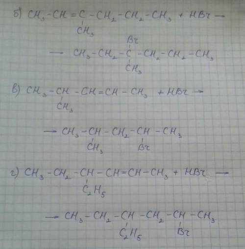 Напишите уравнение реакции бромоводорода с б) 3-метил-2-гексеном; в) 2-метил-3-пентеном; г) 3-этил-4