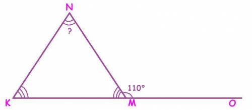 В равнобедренном треугольнике KNM сторона KM является основанием,внешний угол M равен 110 градусов,