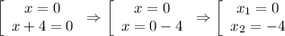 \left[\begin{array}xx=0 \\ x+4=0\end{array}\right \Rightarrow \left[\begin{array}xx=0 \\ x=0-4\end{array}\right \Rightarrow \left[\begin{array}xx_1=0 \\ x_2=-4\end{array}\right