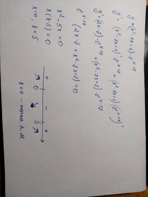 Найти абсциссу локального максимума функции y = (x2 – 7х + 7) : ex-17.