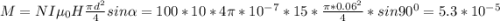 M=NI\mu _0H\frac{\pi d^2}{4} sin\alpha =100*10*4\pi *10^-^7*15*\frac{\pi *0.06^2}{4} *sin90^0=5.3*10^-^5