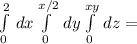 \int\limits^2_0 {} \, dx \int\limits^{x/2}_0 {} \, dy\int\limits^{xy}_0 {} \, dz =