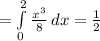=\int\limits^2_0 {\frac{x^3}{8} } \, dx = \frac{1}{2}