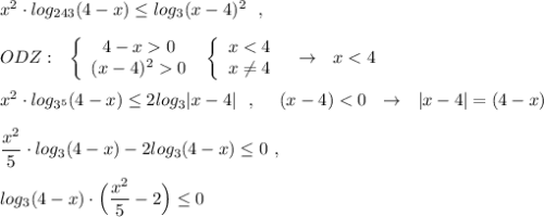 x^2\cdot log_{243}(4-x)\leq log_3(x-4)^2\ \ ,\\\\ODZ:\ \ \left\{\begin{array}{ccc}4-x0\\(x-4)^20\end{array}\right\ \left\{\begin{array}{ccc}x