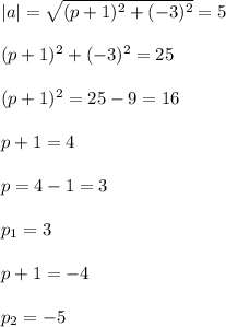 |a|=\sqrt{(p+1)^2+(-3)^2} =5\\\\(p+1)^2+(-3)^2=25\\\\(p+1)^2=25-9=16\\\\p+1=4\\\\p=4-1=3\\\\p_1=3\\\\p+1=-4\\\\p_2=-5