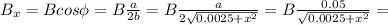 B_x=Bcos\phi=B\frac{a}{2b}=B\frac{a}{2\sqrt{0.0025+x^2} }=B\frac{0.05}{\sqrt{0.0025+x^2} } =