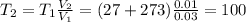 T_2=T_1\frac{V_2}{V_1}=(27+273)\frac{0.01}{0.03}=100