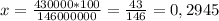 x=\frac{430 000*100}{146 000 000} =\frac{43}{146} =0,2945 %