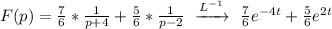 F(p)=\frac{7}{6} *\frac{1}{p+4} +\frac{5}{6} *\frac{1}{p-2} \ \xrightarrow{L^{-1}} \ \frac{7}{6} e^{-4t}+\frac{5}{6} e^{2t}