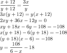 \dfrac{x+12}{y+12}=\dfrac{3x}{y}\\3x(y+12)=y(x+12)\\2xy+36x-12y=0\\xy+18x-6y-108=-108\\x(y+18)-6(y+18)=-108\\(y+18)(x-6)=-108\\y=\dfrac{108}{6-x}-18