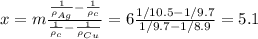 x=m\frac{\frac{1}{\rho_{Ag}}-\frac{1}{\rho_c} }{\frac{1}{\rho_c}-\frac{1}{\rho_{Cu}} }=6\frac{1/10.5-1/9.7}{1/9.7-1/8.9}=5.1
