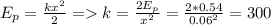 E_p=\frac{kx^2}{2} = k=\frac{2E_p}{x^2}=\frac{2*0.54}{0.06^2}=300