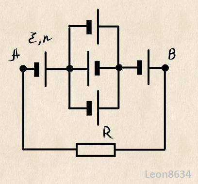 Найдите ток через сопротивление R=10 Ом. Все источники одинаковые и имеют ЭДС E=1,5 В и внутреннее с