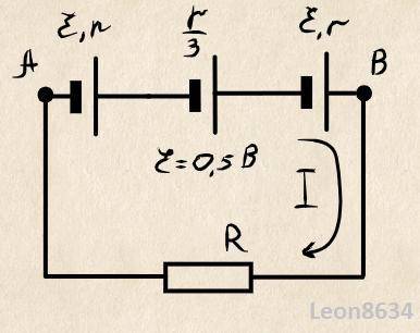 Найдите ток через сопротивление R=10 Ом. Все источники одинаковые и имеют ЭДС E=1,5 В и внутреннее с