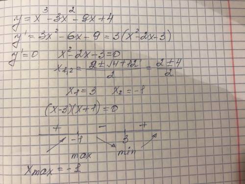 Найдите абсциссы точек максимума функции y=x^3-3x^2-9x+4