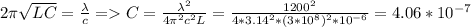 2\pi \sqrt{LC}=\frac{\lambda}{c} = C=\frac{\lambda^2}{4\pi ^2c^2L}=\frac{1200^2}{4*3.14^2*(3*10^8)^2*10^{-6}}=4.06*10^{-7}