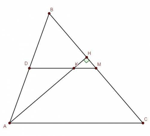 Точка D - середина стороны AB, точка M - середина стороны BC треугольника ABC. Высота AH пересекает