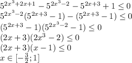 5^{2x^3+2x+1}-5^{2x^3-2}-5^{2x+3}+1\leq 0\\5^{2x^3-2}(5^{2x+3}-1)-(5^{2x+3}-1)\leq 0\\(5^{2x+3}-1)(5^{2x^3-2}-1)\leq 0\\(2x+3)(2x^3-2)\leq 0\\(2x+3)(x-1)\leq 0\\x\in[-\frac{3}{2};1]