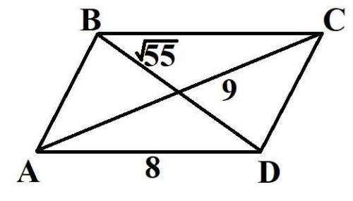 Длины диагоналей параллелограмма равны 9 и √55, а длина одной из сторон равна 8. Найдите периметр па