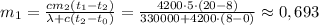 m_1=\frac{cm_2(t_1-t_2)}{\lambda+c(t_2-t_0)}=\frac{4200\cdot 5\cdot (20-8)}{330000+4200\cdot(8-0)}\approx 0,693
