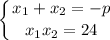 \displaystyle \left \{ {{x_1+x_2=-p} \atop {x_1x_2=24}} \right.