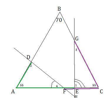 На основании равнобедренного треугольника отметили две различные точки F и E , а на боковых сторонах