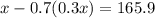 x - 0.7 (0.3 x) = 165.9