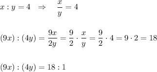 x:y=4\ \ \Rightarrow \ \ \ \dfrac{x}{y}=4\\\\\\(9x):(4y)=\dfrac{9x}{2y}=\dfrac{9}{2}\cdot \dfrac{x}{y}=\dfrac{9}{2}\cdot 4=9\cdot 2=18\\\\\\(9x):(4y)=18:1